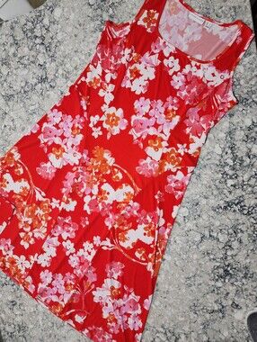 Susan Graver Red Floral Bloom Liquid Knit Midi Dress Womans Large